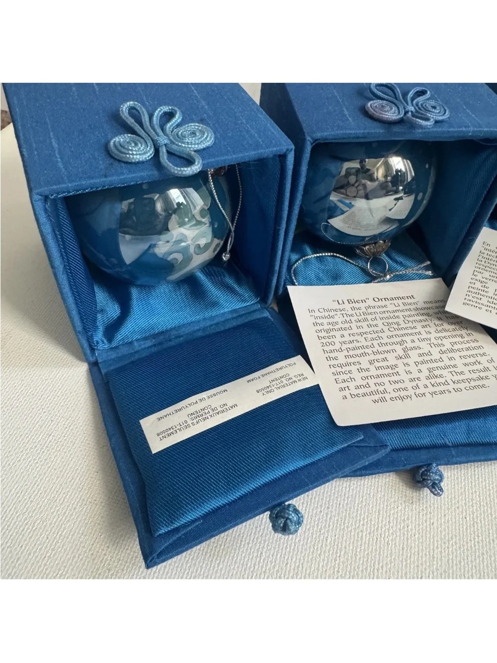 Vintage 2009 Pier 1 Li Bien Doves Blue Glass Christmas Ball Ornament Lot of 6